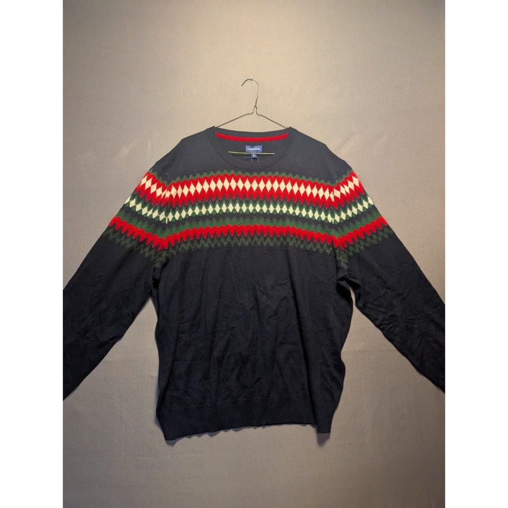 Club Room Mens 2XL Black Fair Isle Merino Novelty Crew Neck Sweater Pullover